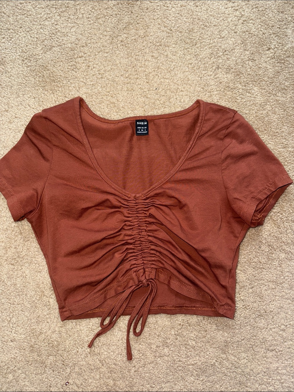 SHEIN Rust Drawstring Ruched Scoop-Neck Crop Top